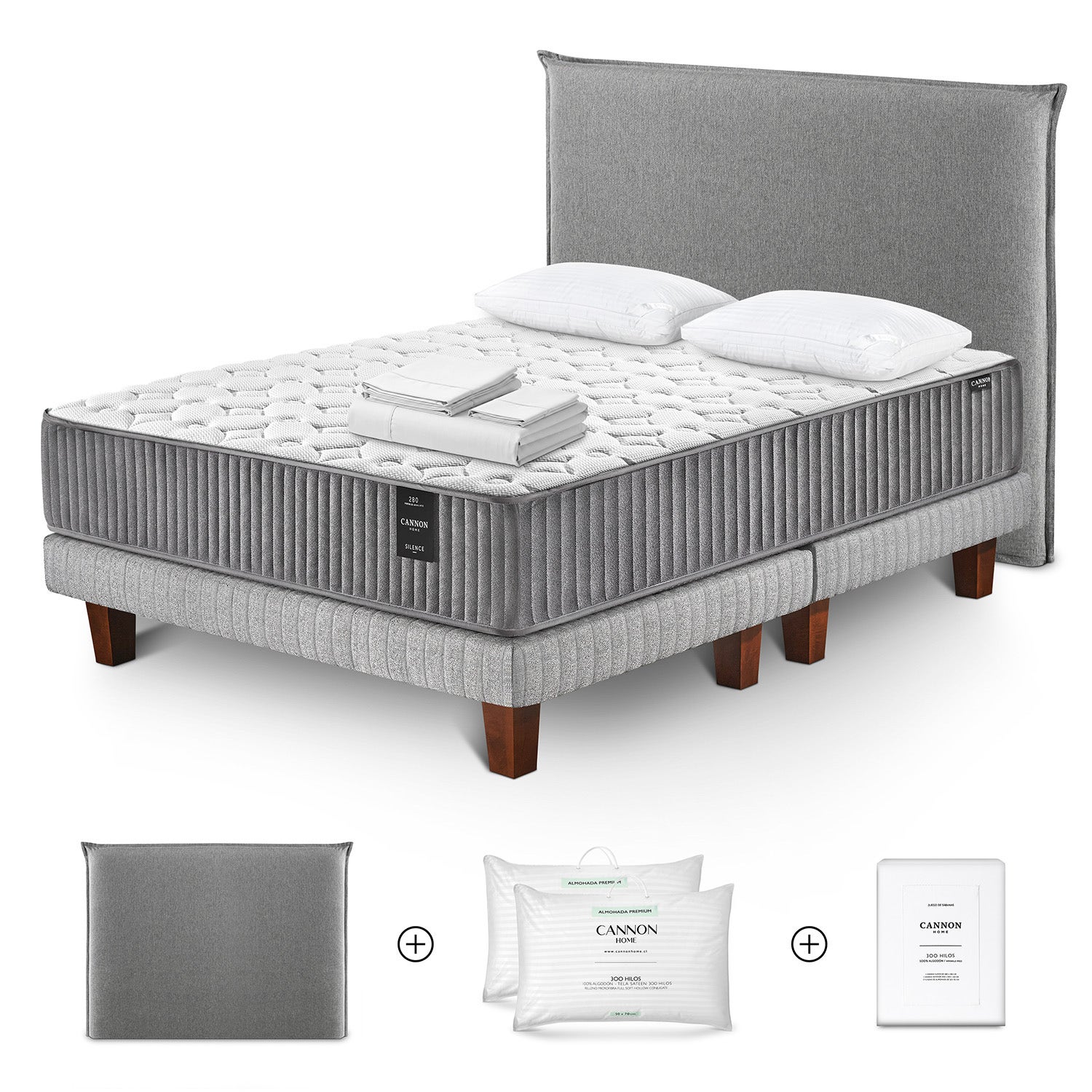 4c64fe5d8778c4ec396362fedb59072727bf7d8740c742f417097b4d162c2f3e Cama 2 Plazas Silence + Almohada Microfibra + Sábana 180 Hilos Blanca + Respaldo Orleans - Image 1